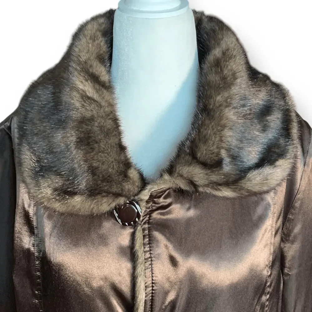 Vintage Reversible Brown Faux Fur Coat Satin Lining‎ Button Front Large Winter